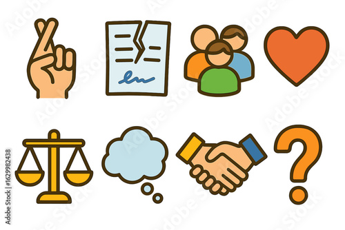 Children's Promise Illustrations. Flat vector mini-illustrations breaking promise for greater good in colors children's