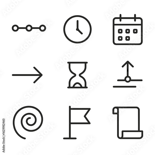 Event Chronology Icons. Outline icon set of event chronology: timeline bar, clock, calendar, hourglass, arrows, milestone, spiral,