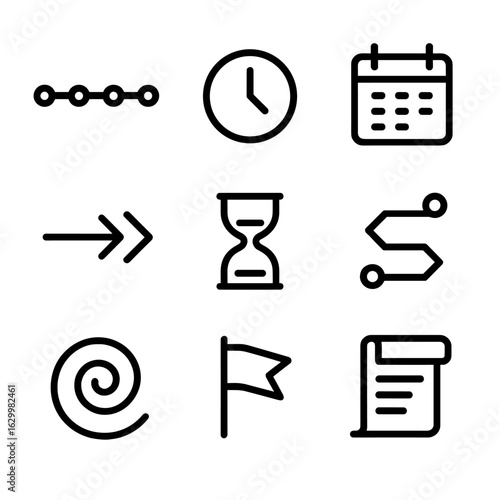 Event Chronology Icons. Outline icon set of event chronology: timeline bar, clock, calendar, hourglass, arrows, milestone, spiral,