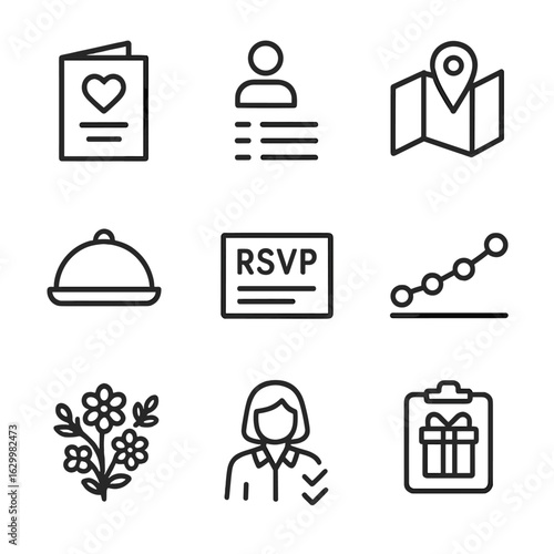 Event Planner Icons. Outline icon set of event planner essentials: event invite, guest list, venue location, catering icon, RSVP