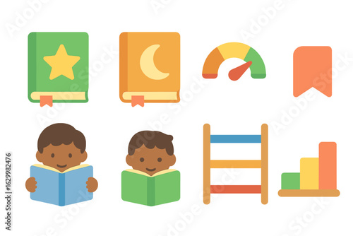 Children's Reading Levels. Flat vector mini-illustrations reading level tiered shelves in colors children's illustrations:
