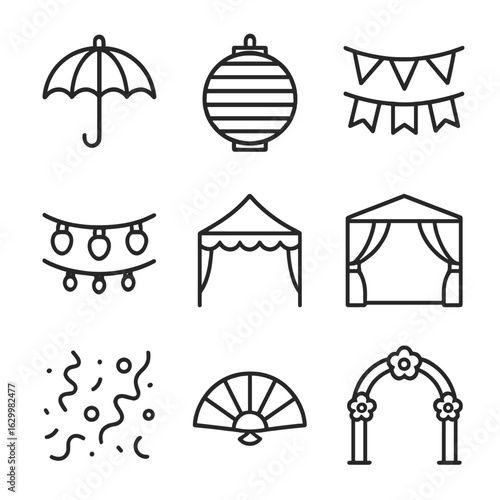 Event Decor Icons. Outline icon set of event decor: umbrella ceiling, paper lantern, bunting, string lights, party tent, stage