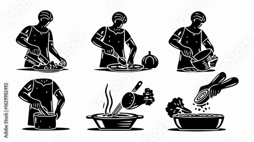 Six monochrome illustrations depicting different stages of food preparation and cooking process steps | editable eps vectors silhouette