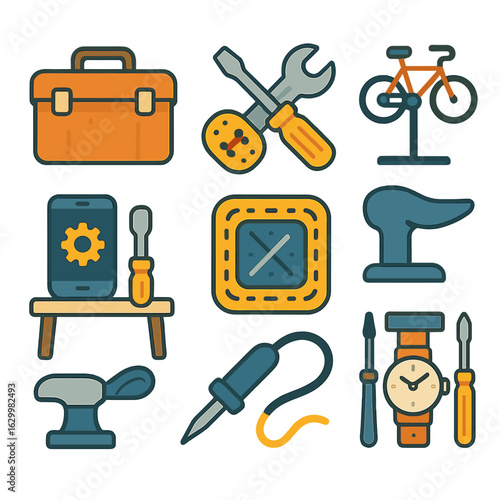 Children's Repair Icons. Flat vector mini-illustrations repair and maintenance networks in colors children's illustrations: