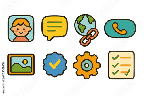 Children's Social Media Icons. Flat vector mini-illustrations social media profile completeness audit in colors children's