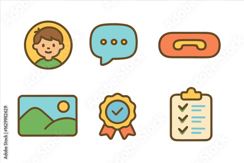 Children's Social Media Icons. Flat vector mini-illustrations social media profile completeness audit in colors children's