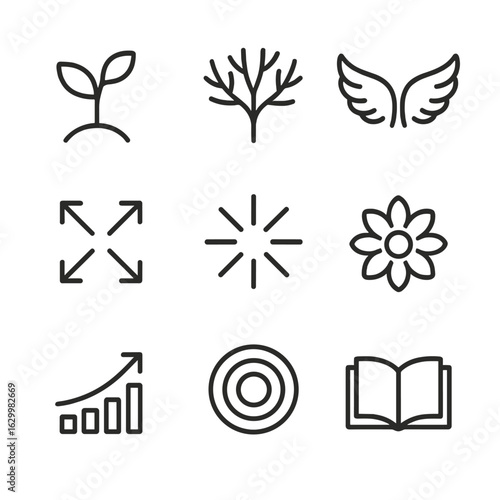 Expansion Icon Set. Outline icon set of expansion: growing plant, spreading branches, unfolding wings, expanding arrows, bursting