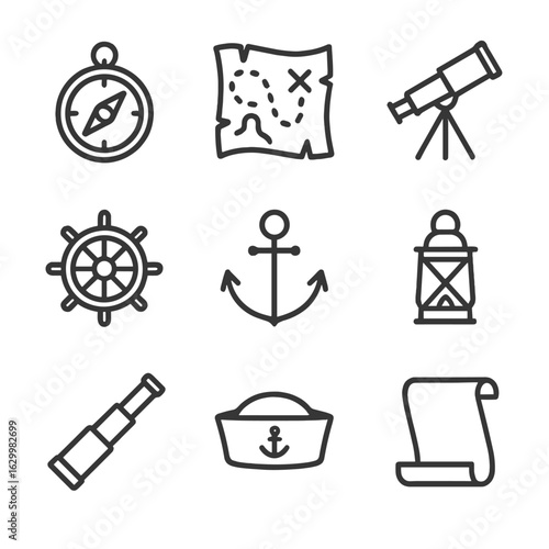 Exploration Icons Set. Outline icon set of past exploration: compass, old map, telescope, ship wheel, anchor, lantern, spyglass,