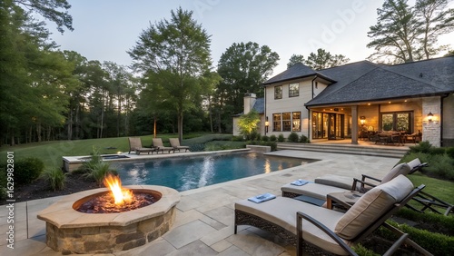 New home beautiful backyard with custom pool with fire pit