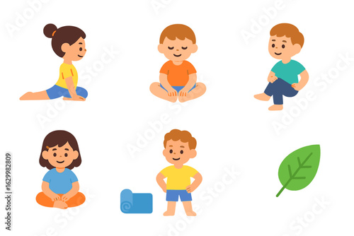 Children's Yoga Stretches. Flat vector mini-illustrations lower body hip opener stretches in colors children's illustrations: