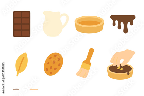 Chocolate Tart Illustration. Flat vector mini-illustrations chocolate ganache tart decorating in colors children's illustrations: