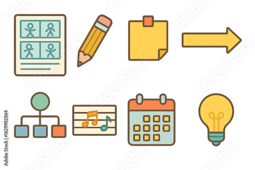Choreography Planning Icons. Flat vector mini-illustrations choreography planning tools in colors children's illustrations: