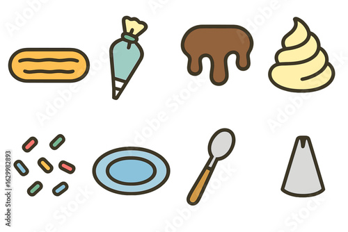 Choux Pastry Icons. Flat vector mini-illustrations choux pastry éclair filling in colors children's illustrations: éclair shell,