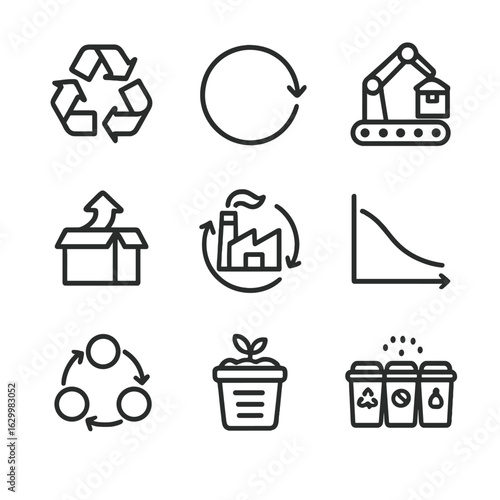 Circular Economy Icons. Outline icon set of circular economy and recycling: recycling symbol, closed-loop arrow, refurbish machine