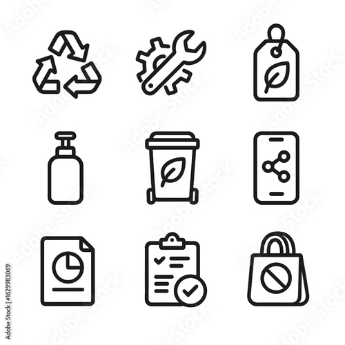 Circular Economy Icons. Outline icon set of circular economy practices: recycling arrows loop, repair wrench and gear, upcycled