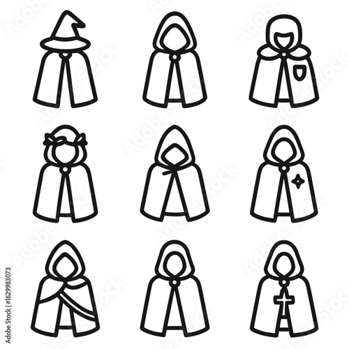 Fantasy Cloak Icon Set. Outline icon set of cloaks in fantasy roles: wizard cloak, rogue cloak, knight cloak, druid cloak,