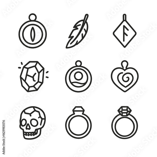 Fantasy Amulet Icons. Outline icon set of fantasy amulets: dragon eye pendant, phoenix feather charm, unicorn horn amulet, elven