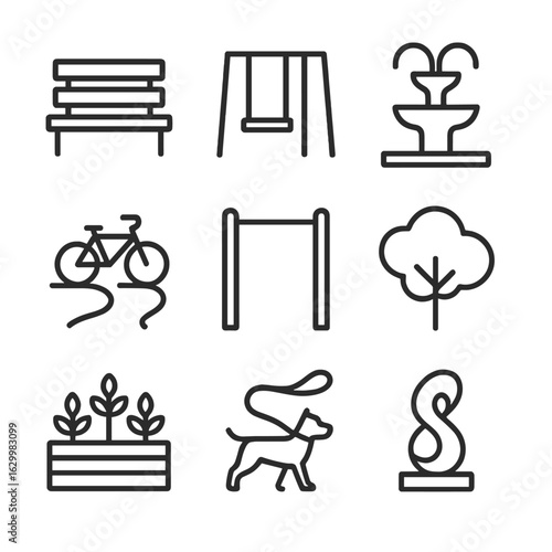 City Park Icons. Outline icon set of city parks and green spaces: park bench, playground swing, fountain spout, bike path, fitness