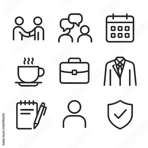 Client Consultation Icons. Outline icon set of client consultation scenes: shaking hands, speech bubbles, calendar appointment,