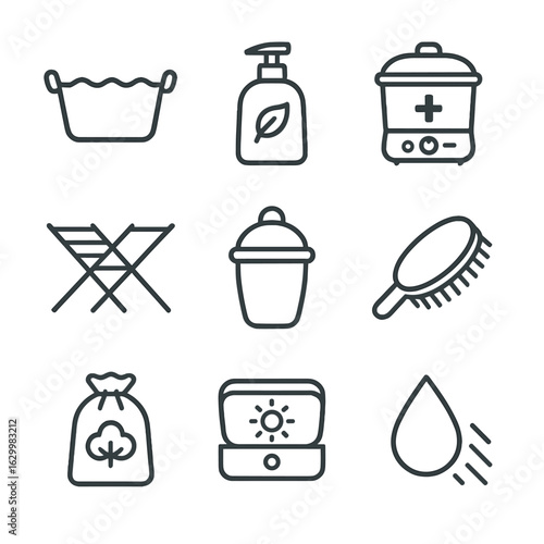 Cleaning Tools Icons. Outline icon set of cleaning and care tools: wash basin, gentle soap bottle, sterilizing pot, drying rack,