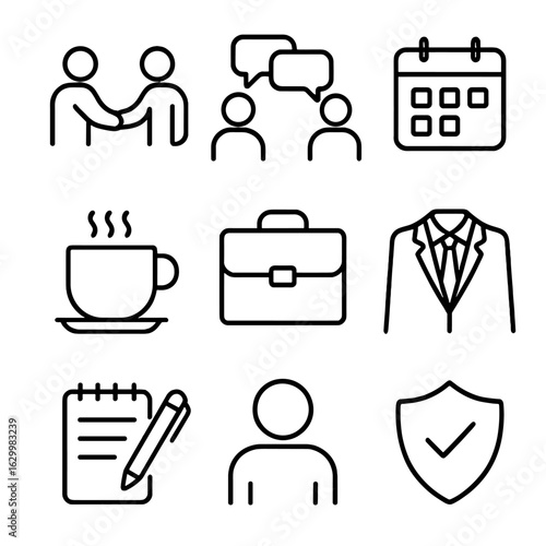 Client Consultation Icons. Outline icon set of client consultation scenes: shaking hands, speech bubbles, calendar appointment,