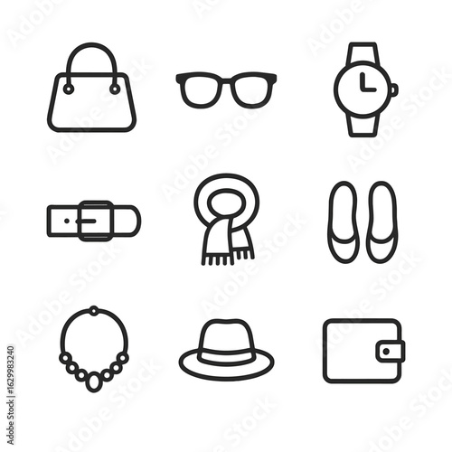 Fashion Icon Set. Outline icon set of fashion necessities: handbag, sunglasses, watch, belt, scarf, shoes, necklace, hat, wallet.