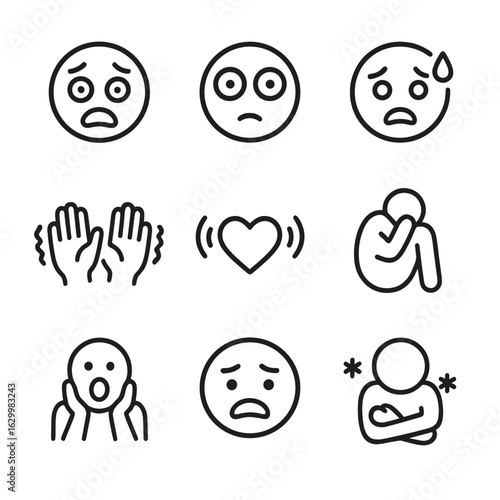 Fear Emotions Icons. Outline icon set of fear emotions: scared face, wide eyes, sweating, trembling hands, heart pounding, hiding