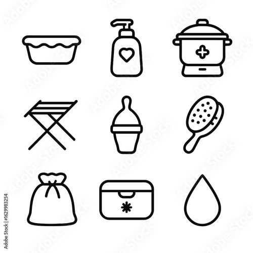 Cleaning Tools Icons. Outline icon set of cleaning and care tools: wash basin, gentle soap bottle, sterilizing pot, drying rack,