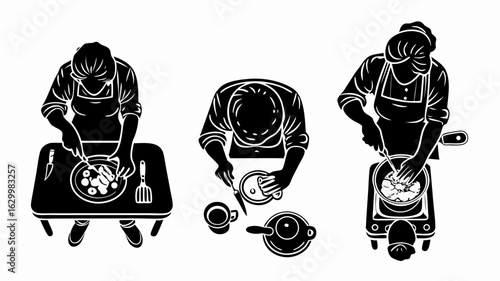 Three cooks preparing food at different stations in a kitchen from a top down perspective view drawing | editable eps vectors silhouette