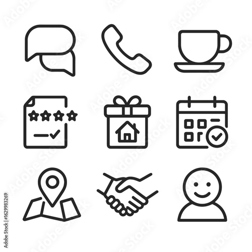 Client Relations Icons. Outline icon set of client relations: speech bubbles, phone receiver, coffee cup on table, feedback form