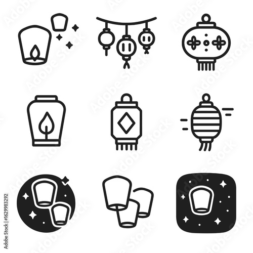 Festival Lantern Icons. Outline icon set of festival lanterns: sky lantern release, lantern string lights, decorative motifs,