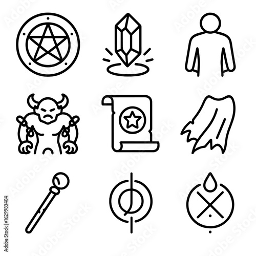 Fictional Sacrifice Icons. Outline icon set of fictional sacrifice tropes: magical seal, glowing crystal, hero silhouette, monster