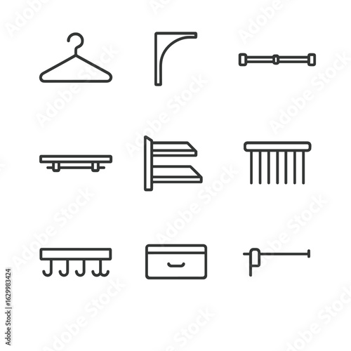 Closet Tool Icons. Outline icon set of closet organization tools: hanger, shelf bracket, adjustable rod, sliding rail, shoe rack,