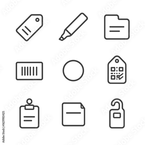 Closet Icon Set. Outline icon set of closet labeling and access: label tag, marker pen, index tab, barcode sticker, color dot, QR