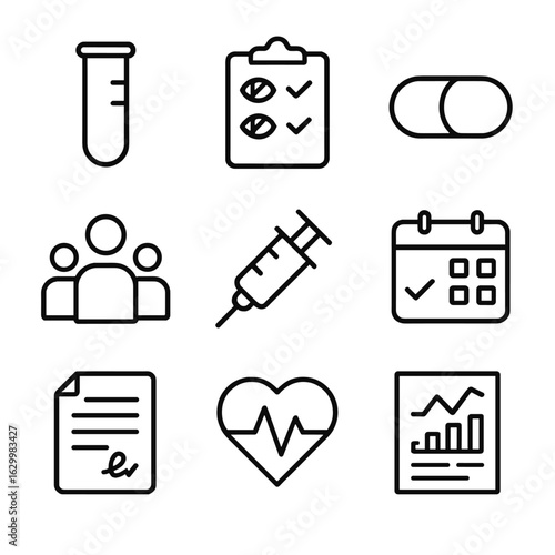 Clinical Trials Icons. Outline icon set of clinical trials and drug development: test tube, double-blind checklist, placebo pill,