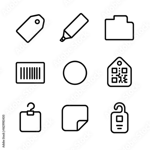 Closet Icon Set. Outline icon set of closet labeling and access: label tag, marker pen, index tab, barcode sticker, color dot, QR