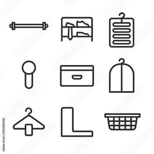 Closet Accessories Icons. Outline icon set of closet organization accessories: hanging rod, shoe rack, tie hanger, belt loop,