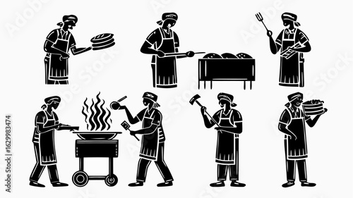 Black and white illustration showing various cooks preparing food in different ways with cooking tools | editable eps vectors silhouette