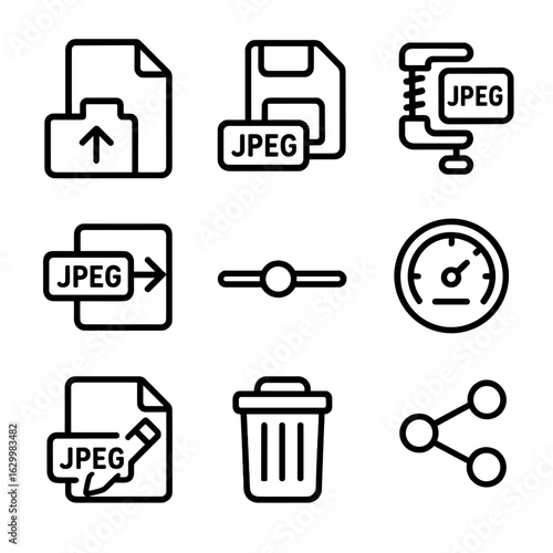 JPEG File Icon Set. Outline icon set of JPEG file operations: open file icon, save as icon, compress icon, export icon, quality