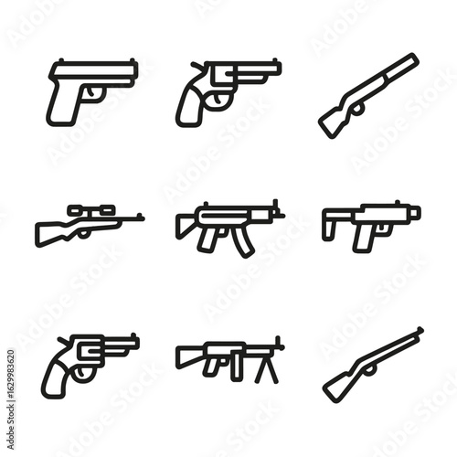 Firearm Icon Set. Outline icon set of firearm types: pistol, revolver, shotgun, sniper rifle, assault rifle, submachine gun,