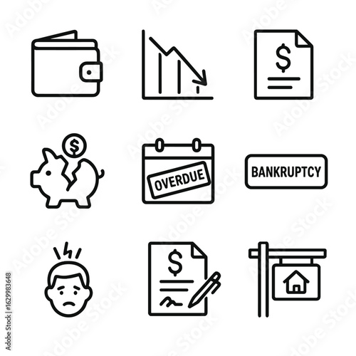 Financial Distress Icons. Outline icon set of financial distress: empty wallet, falling graph, debt document, broken piggy bank,