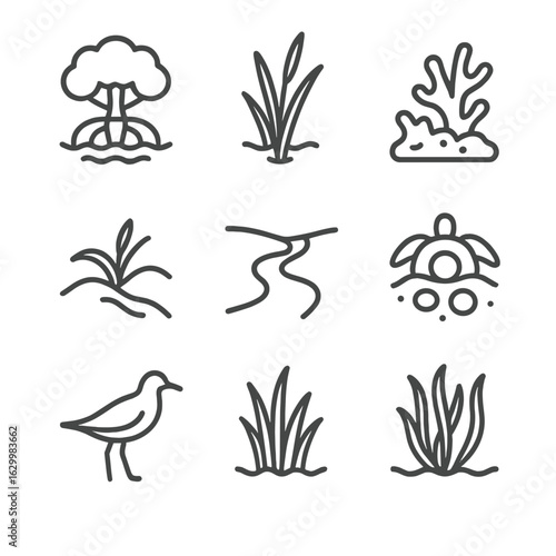 Coastal Ecosystem Icons. Outline icon set of vulnerable coastal ecosystems: mangrove tree, tidal marsh reed, coral reef fragment,