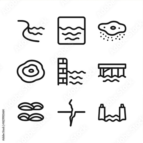 Coastal Icons Outline. Outline icon set of coastal effects: shoreline curve, flooded beach, exposed seabed, tidal pool, sea wall,