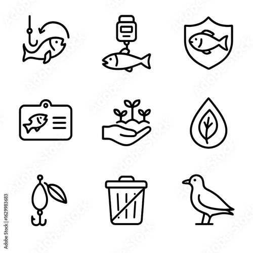 Fishing Conservation Icons. Outline icon set of fishing conservation: catch and release, fishing limits, protected species,