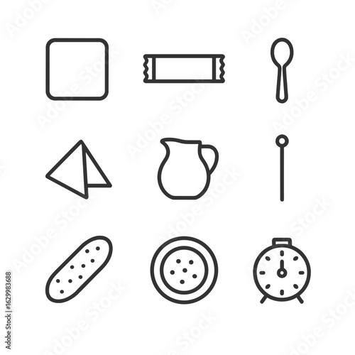 Coffee Break Icons. Outline icon set of coffee break essentials: coaster pad, sugar packet, teaspoon, milk jug, napkin fold,