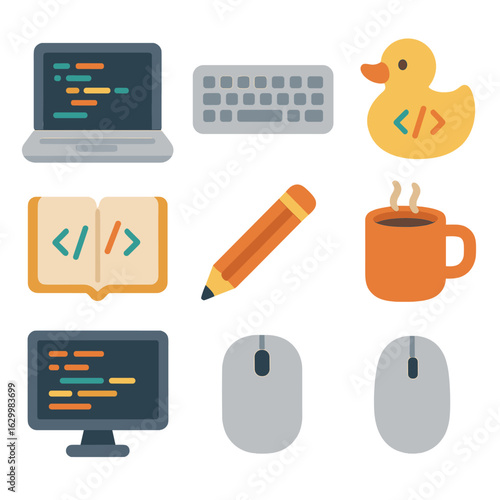 Coding Practice Icons. Flat vector mini-illustrations coding practice session in colors children's illustrations: laptop with code