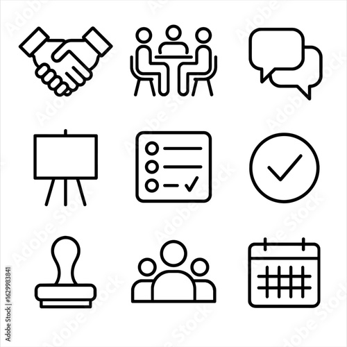 Collaboration Icons Grid. Outline icon set of stakeholder collaboration: handshake agreement, meeting table, speech bubbles,