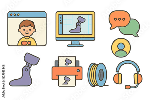 Collaborative Prosthetic Design. Flat vector mini-illustrations collaborative remote prosthetic design in colors children's