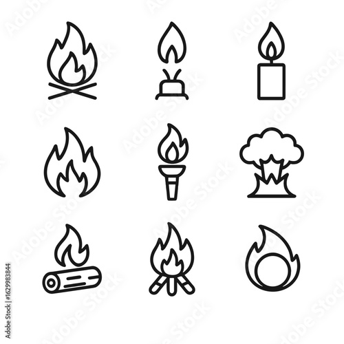 Outline Flame Icon Set. Outline icon set of flame types: campfire flame, gas flame, candle flame, wildfire, torch flame, explosion