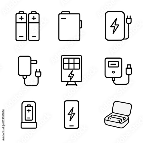 Flash Power Icons. Outline icon set of flash unit power sources: AA batteries, rechargeable battery pack, external power pack, AC